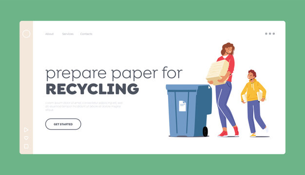 Prepare Paper for Recycling Landing Page Template. Mother and Son Throw Garbage into Containers for Collecting Litter