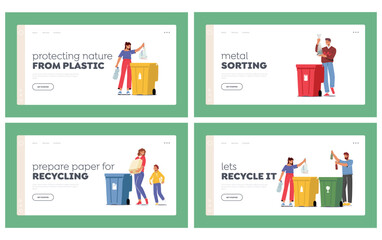Trash Recycling Landing Page Template Set. People Sorting Garbage into Different Containers for Separation