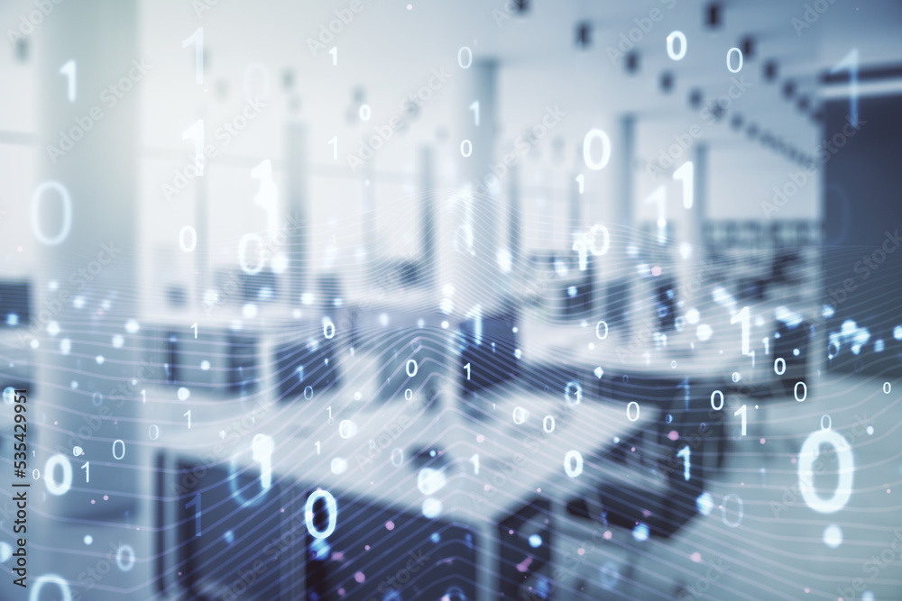 Aufkleber Abstract virtual binary code illustration on a modern furnished office background. Big data and coding concept. Multiexposure