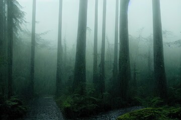 Obraz premium Mystical View of the Trail in Rain Forest during a foggy and rainy Winter Season. Woods in Squamish, North of Vancouver, British Columbia, Canada.. High quality illustration