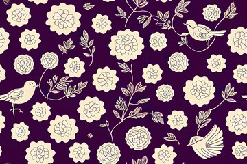Dark Enchanted Vintage Flowers and Birds seamless pattern . Magic forest background.. High quality illustration - obrazy, fototapety, plakaty