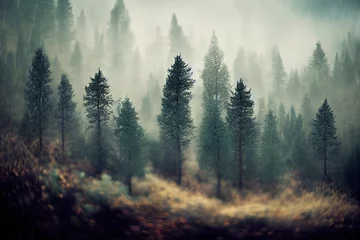 Photo sur Plexiglas Forêt dans le brouillard Forest pine trees in spring woods. High quality illustration
