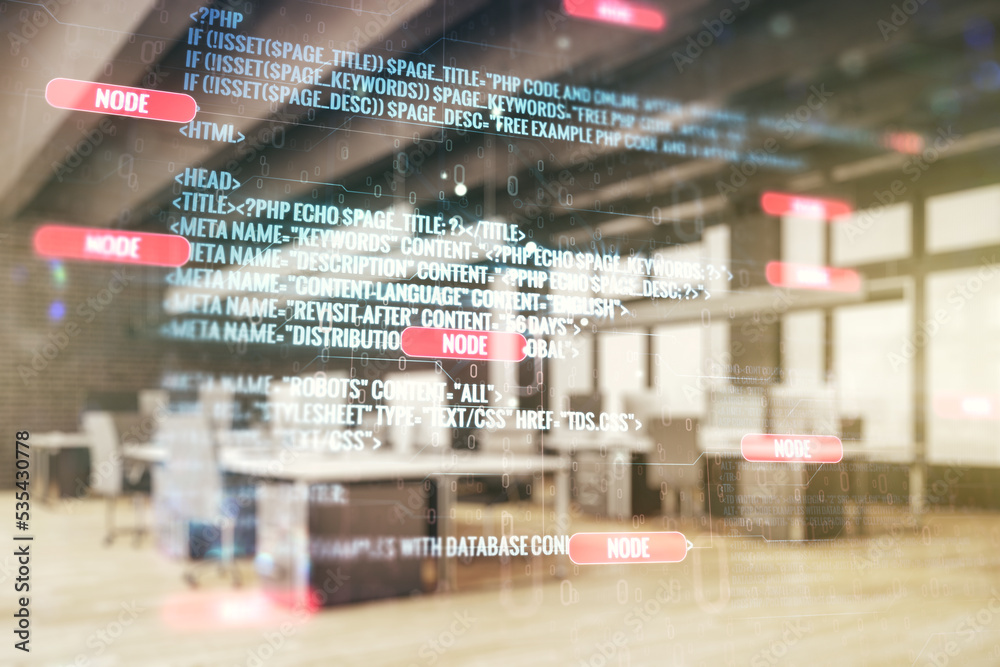Fototapete multi exposure of abstract programming language hologram on a modern furnished office interior backg