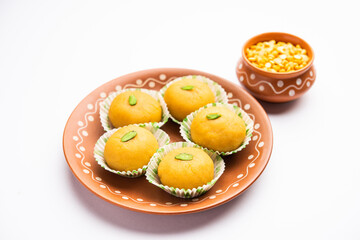 Besan Peda,pedha, pera. Popular Indian mithai prepared using gram flour, Ghee, Sugar, Milk