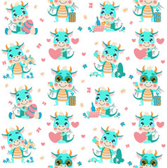 Seamless pattern of cute little green dragons resting in summer. Dragon child travels with a suitcase, sits with hearts and a picnic basket, eats ice cream, collects flowers. for children's design