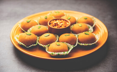 Besan Peda,pedha, pera. Popular Indian mithai prepared using gram flour, Ghee, Sugar, Milk