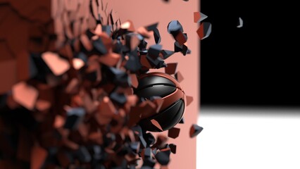 Black-blown basketball breaking with great force through blown wall under spot light background. 3D high quality rendering. 