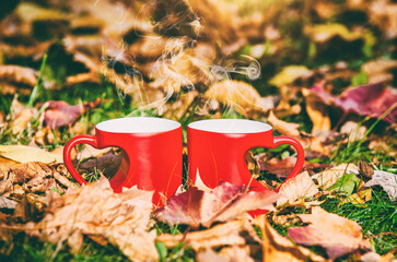 two heart shaped mugs with tea on a yellow autumn leaves
