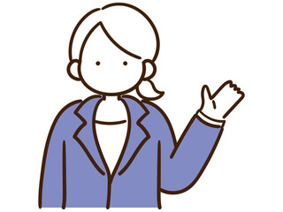 手を添えて案内をする若い女性社員のシンプルな線画イラスト