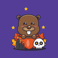 Cute beaver in halloween pumpkin. 
Cute halloween cartoon illustration. 