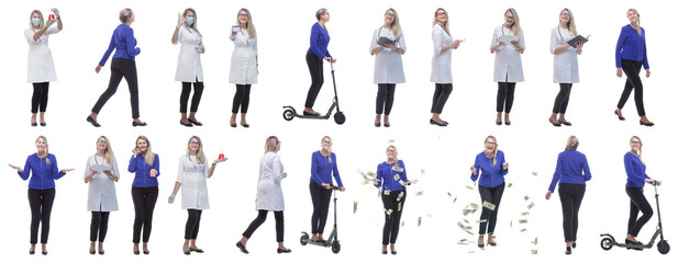 collage of a woman in full growth displaying many professions
