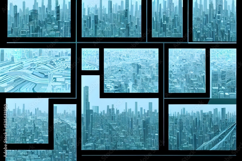 Poster rounded abstract cityscape network connection, internet and global connection concept.. high quality