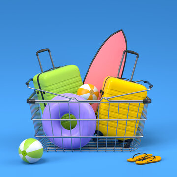 Colorful luggage with beach accessories in shopping basket on blue background.