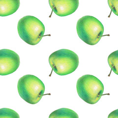 Seamless pattern, green apple on white backgrownd, color pencils illustration