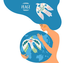 Woman and dove of peace. Vector isolated illustration. Elements for card, poster, flyer and other