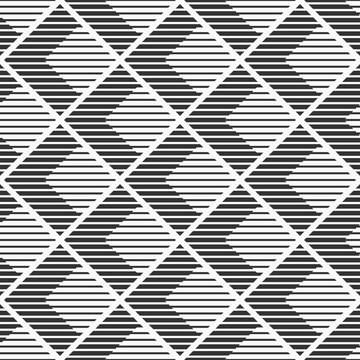 Abstract vector seamless pattern. Striped rhombuses pattern. Modern stylish texture. Geometric ornament. Monochrome halftone lines grid pattern.