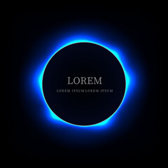 Vector blue neon circle frame on black background.