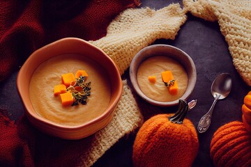 Female hands in yellow knitted sweater holding a bowl with pumpkin cream soup on dark stone background with spoon decorated with cut fresh pumpkin, top view. Autumn cozy dinner concept. High quality