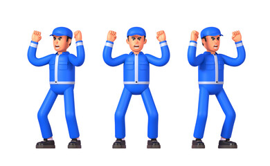 Fototapeta na wymiar 3d render of worker, courier or postman in blue uniform angry, shouting in rage