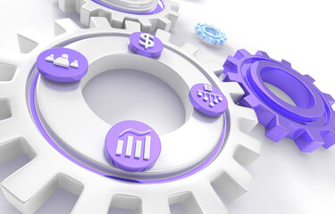 ERP, enterprise resource planning, web banner 3D render. Productivity and improvement system development, business integration, strategy. Office icons on cogwheel or gear close up