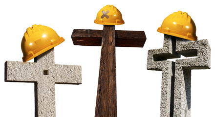 Orange hard hat or safety helmet on a stone or wooden cross, isolated on transparent background....