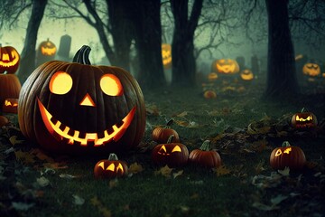 Naklejka premium Creepy carved Jack-o-Lantern pumpkins with glowing yellow eyes outside in haunted woods awaiting Halloween to unleash scary terror...