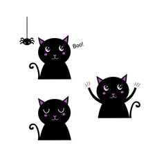 Halloween Cute Black Cats Set isolated on White