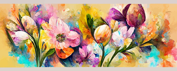 oil painting colorful spring flowers on canvas  background  banner - obrazy, fototapety, plakaty