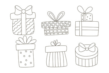 Christmas gifts coloring page for children and adults. Black and white set of boxes for gifts, vector line art on an isolated white background. Expanded stroke. 