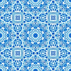 Obraz premium Blue white watercolor azulejos tile background. Seamless coastal geometric floral mosaic effect. Ornamental arabesque all over summer fashion damask repeat