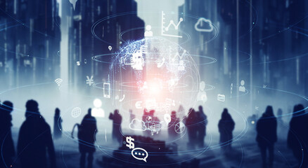 Group of people in futuristic city and communication network concept.