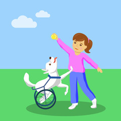 Happy dog ​​in a wheelchair playing fetch with a girl.