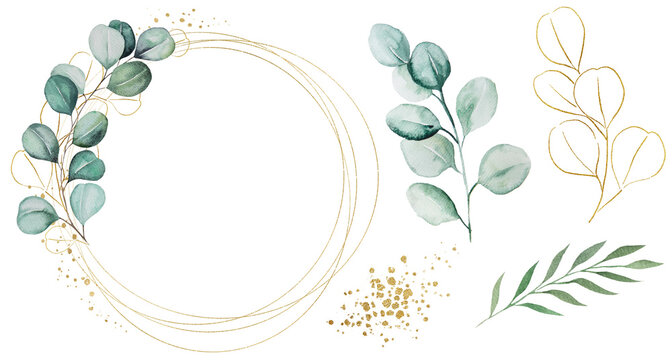 Geometric golden frame made of green watercolor eucalyptus leaves, wedding illustration