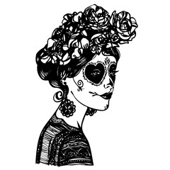 Template of beautiful woman with a rose in her hair and sugar skull makeup for Day of The Dead