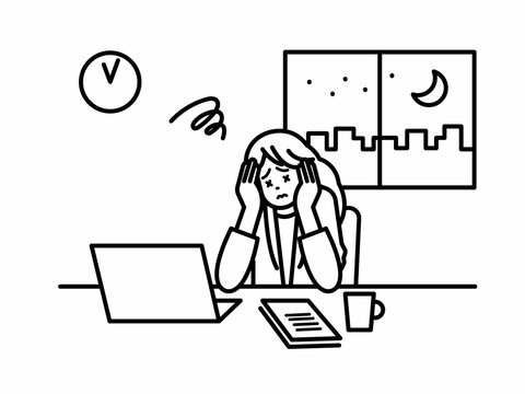 recommend clip art: 残業をする女性のイラスト　線画のみ