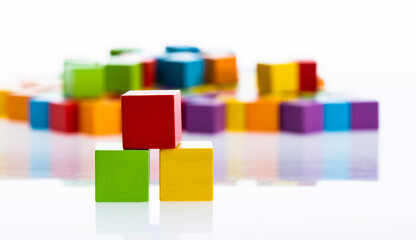 Group wooden blocks on white background