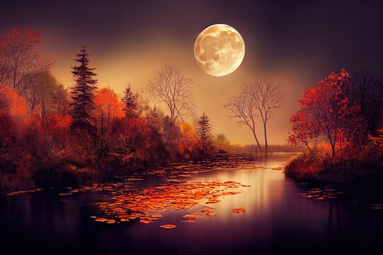 Amazing autumn landscape at night in moonlight, idyllic and peaceful nature scenery. Beautiful season fall background. Digital art.. High quality illustration