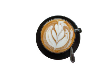 Black cups with hot coffee on a bright white background.