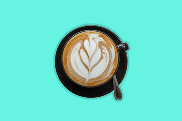 Black cups with hot coffee on a bright colored background.