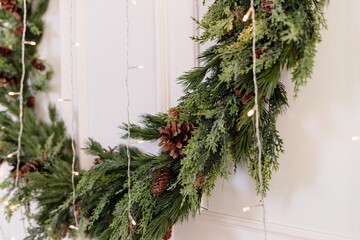 The area is decorated with a Christmas tree and garlands. New Year's room decor