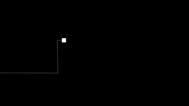 Vector animation of white dot drawing right angle graph or chart, chaotic motion, black background