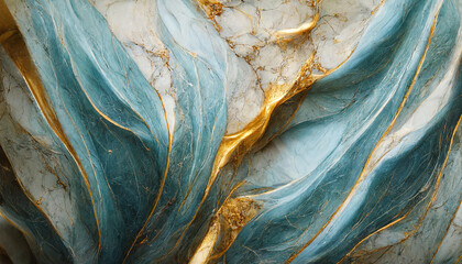 Abstract luxury marble background. Digital art marbling texture. Blue, gold and white colors
