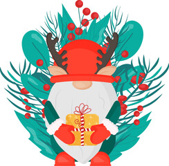 Christmas Scandinavian gnomes with gifts, fir branches, red berries, a Christmas tree. Use for printing, cover art, poster, postcard, design, scrapbooking, stickers. Celebrating the new year 2023.