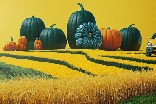 Car carrying big pumpkin with sunflowers, wheat and corn. Autumn season concept on yellow background 3D Render 3D illustration. High quality illustration