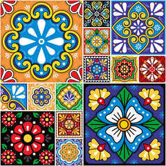 Mexican talavera ceramic tiles style vector seamless pattern collection with different tile size, traditional colorful designs with floral motif
