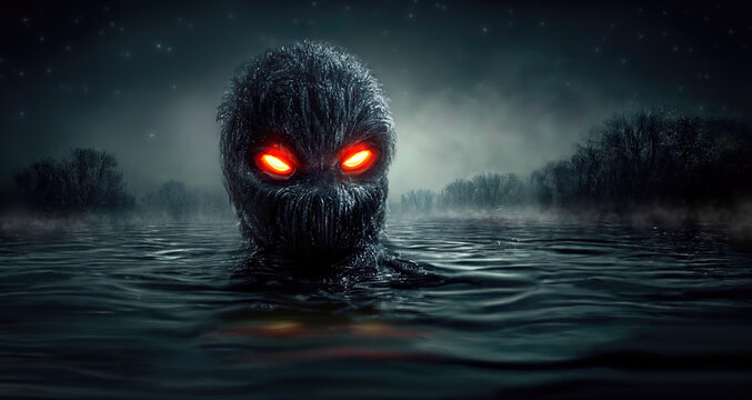A creepy monster living in a lake. The monster's ascent from the water on a dark night. Realistic digital illustration. Fantastic Background. Concept Art. CG Artwork.