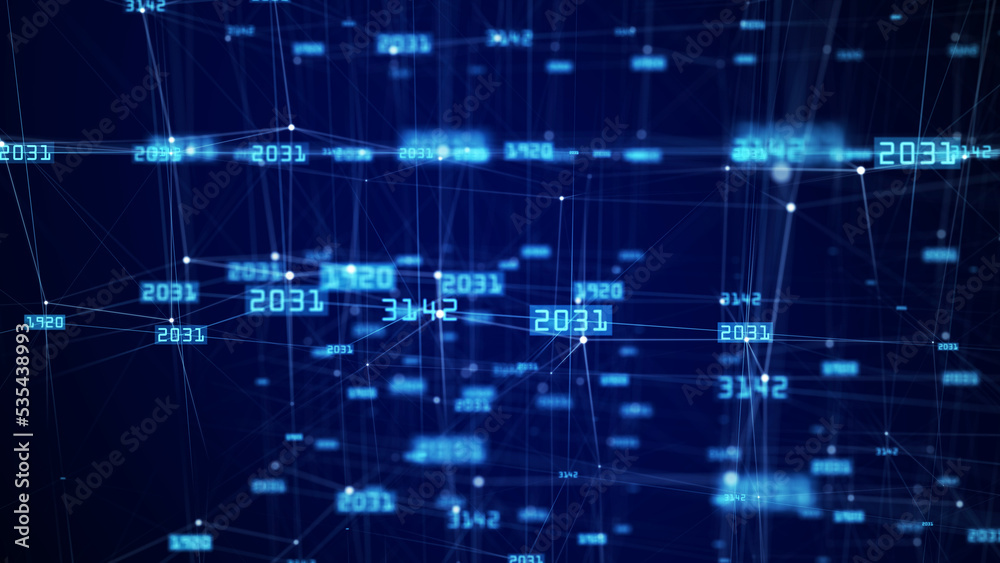 Poster The concept of data connection in the blockchain network. Digital cyberspace data flow background. Network connections structure. Big data visualization. 3D rendering.