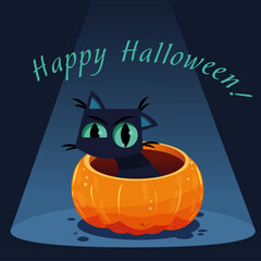 happy halloween greeting card with black cat sitting in pumpkin in flat style