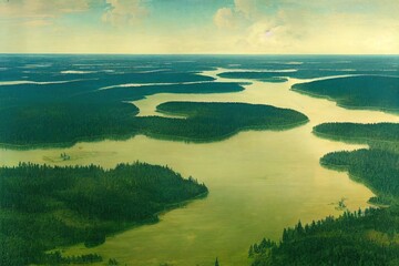 Aerial view of blue water lake and green summer woods in Finland.. High quality illustration