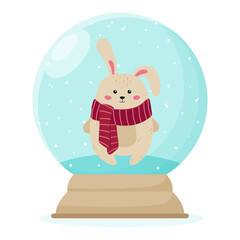 A snow globe with a cute bunny and snow inside.